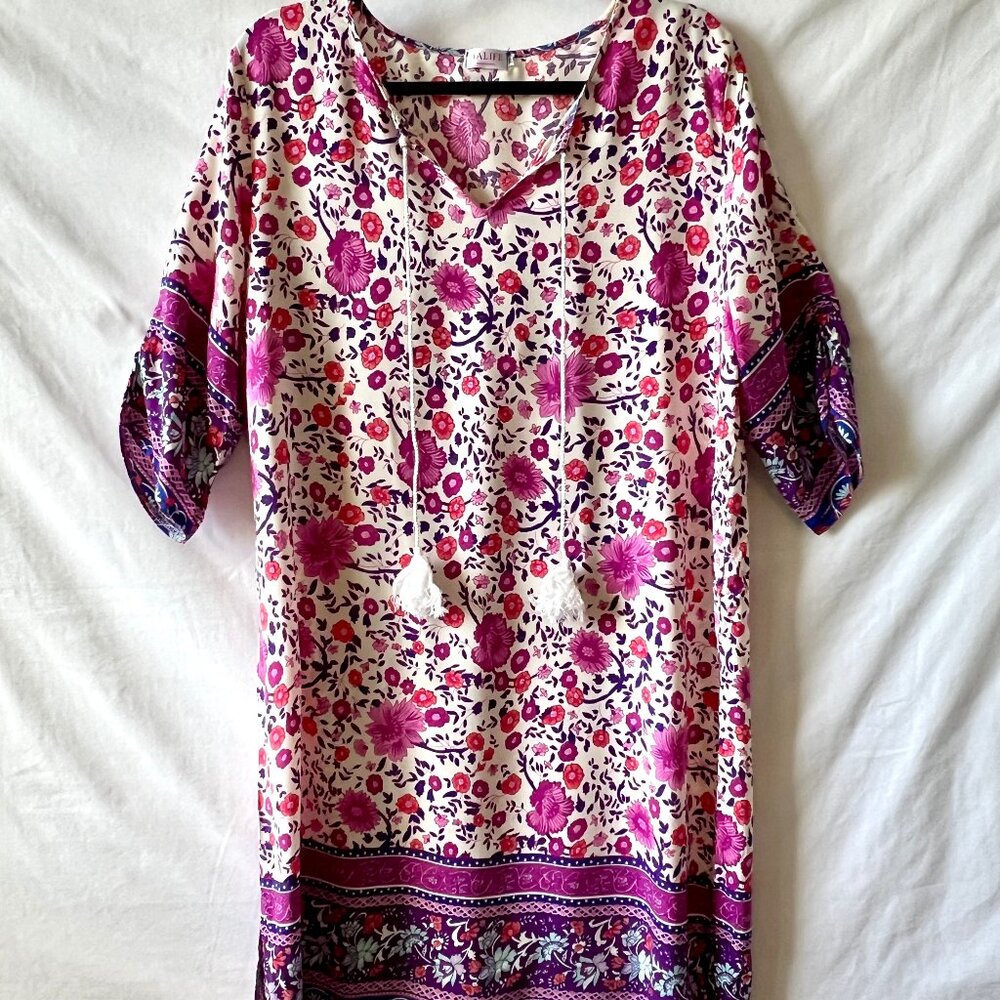 Halife Pink Floral Lightweight Boho-Chic Tunic Tassel Shift Dress, Size XL, EC